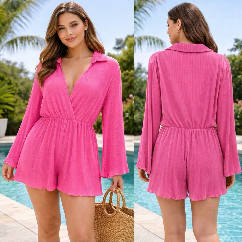 Showpo Elowen Collared Long Sleeve Plisse Playsuit Romper 12 Barbiecore Vacation